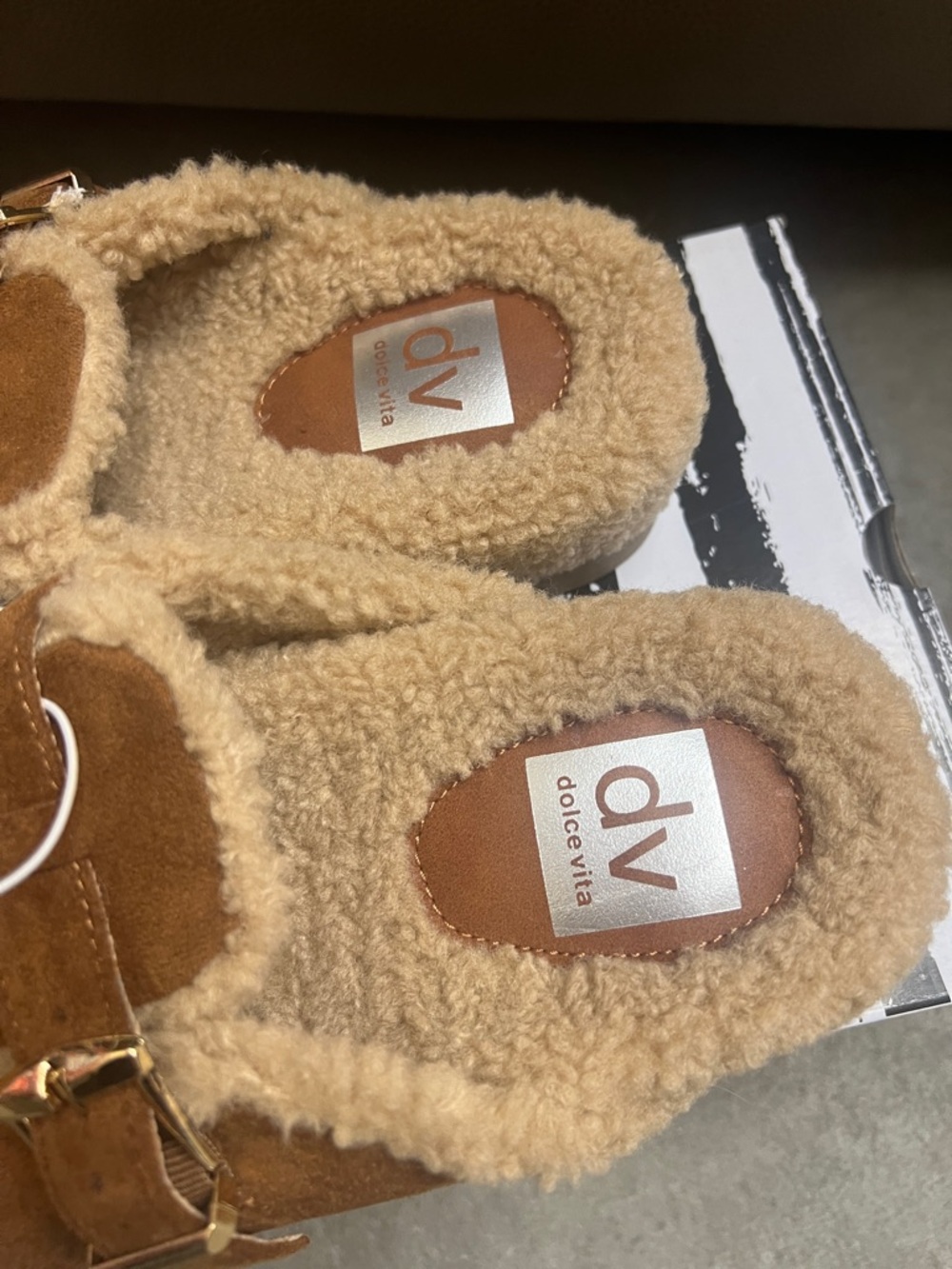 Dolce Vita Chestnut Suede Shearling-Lined Buckle Mules - Picture 4 of 5